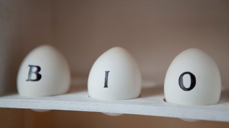 drei weiße Heuer mit Bio-Aufdruck