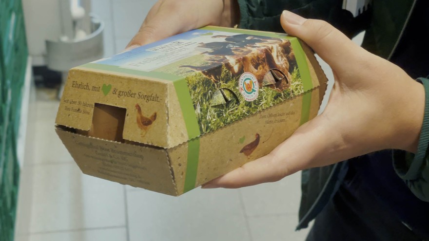 Hände an der Eierverpackung
